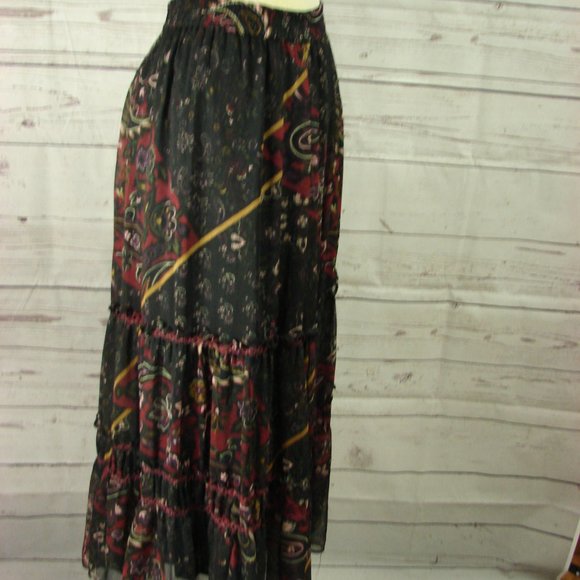 Black Deep Red Yellow Floral Flowing Layered Skirt - Picture 1 of 16